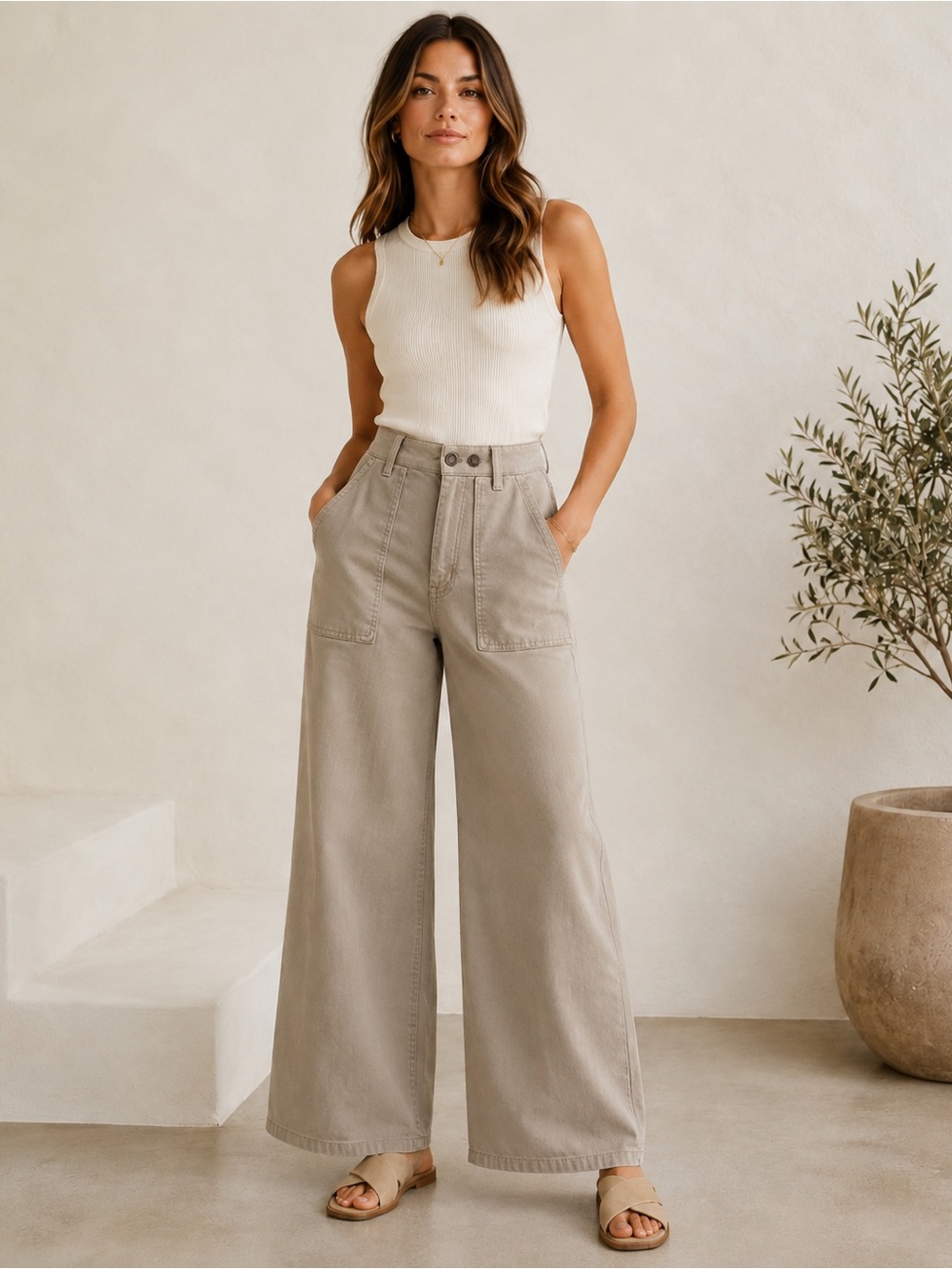 OAT New York High Rise Wide Leg Utility Pants 10/30 Khaki French girl chic minim